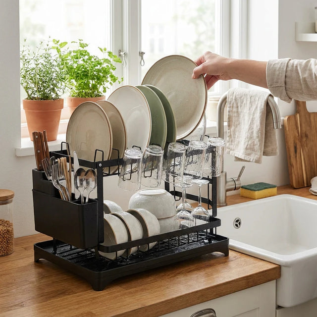 2-Tier Dish Drying Rack with Built-In Cutlery and Cup Holder