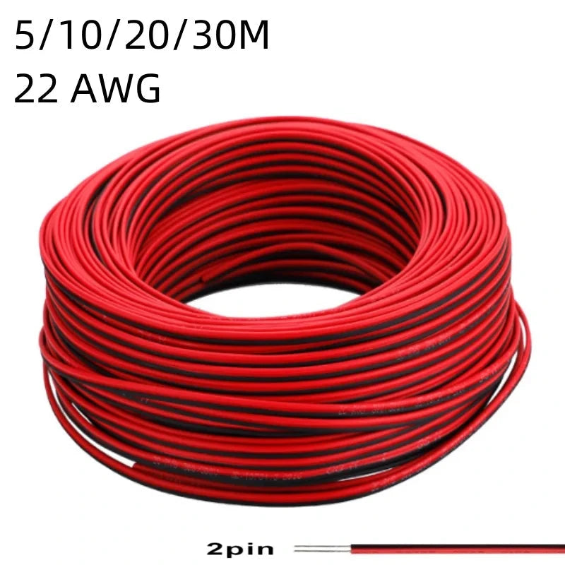 22 AWG 2-Pin Extension Cable for 12V/24V LED Strips - 5m to 30m