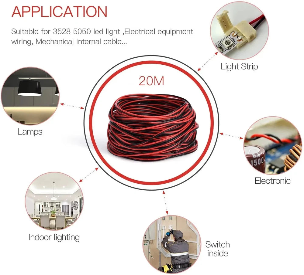 22 AWG 2-Pin Extension Cable for 12V/24V LED Strips - 5m to 30m