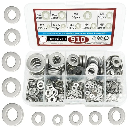 910-Piece Steel Flat Washers Assortment Kit - 9 Sizes