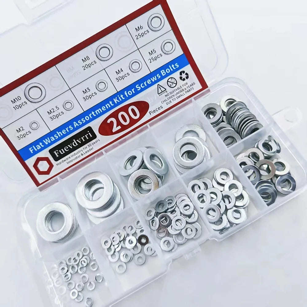 910-Piece Steel Flat Washers Assortment Kit - 9 Sizes