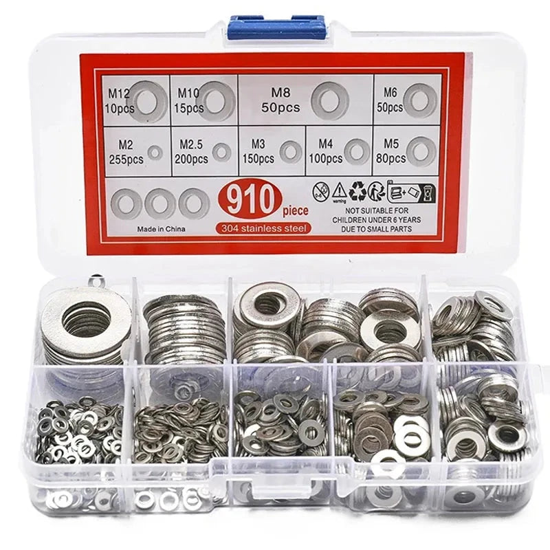 304 Stainless Steel Flat Washers Assortment Kit - 200 or 910 Pieces