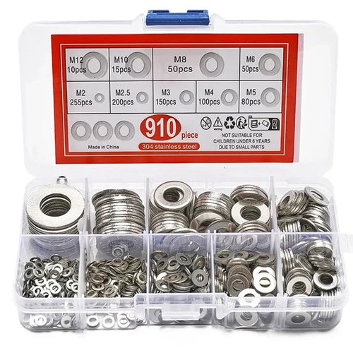 304 Stainless Steel Flat Washers Assortment Kit - 200 or 910 Pieces