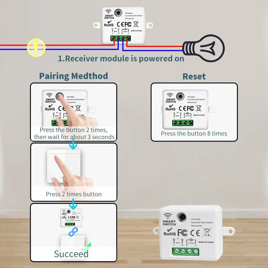 433MHz Wireless Smart Switch - Remote Control Wall Panel Light Switch