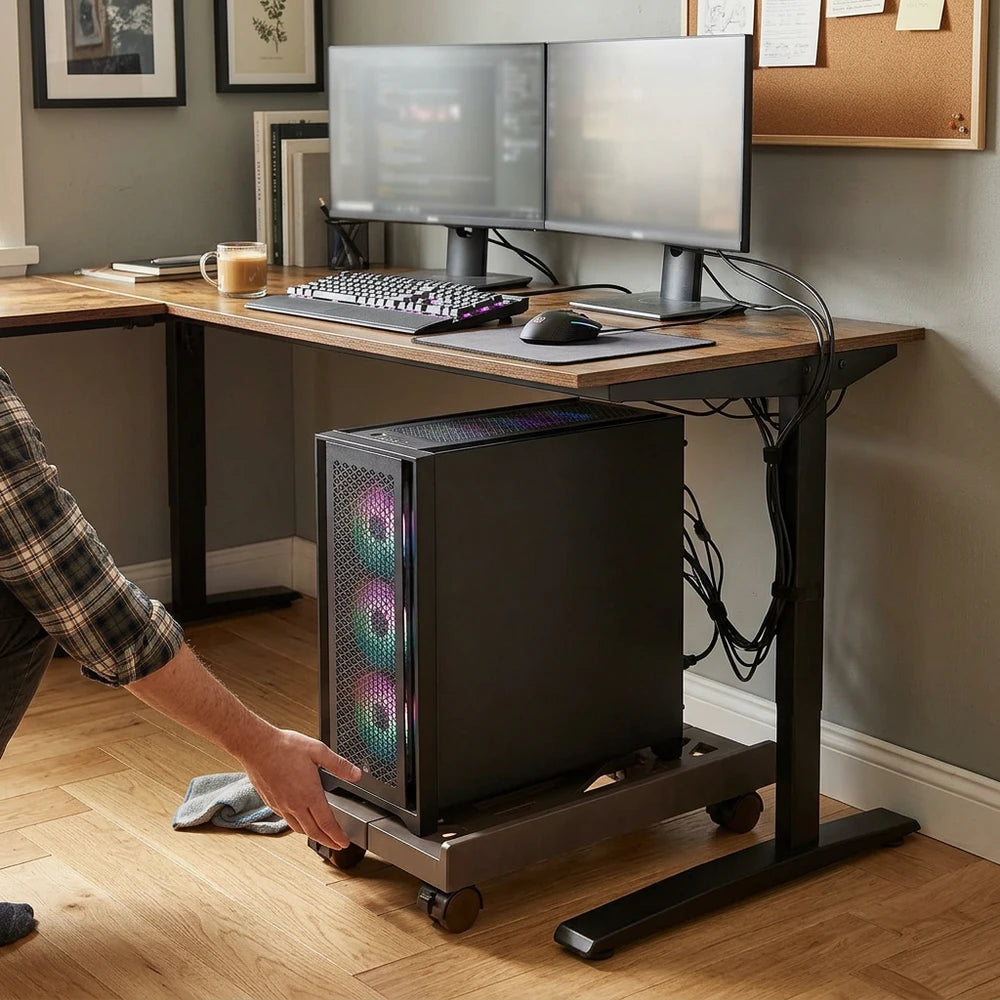 Adjustable Mobile CPU Stand with 4 Caster Wheels - Under Desk PC Holder