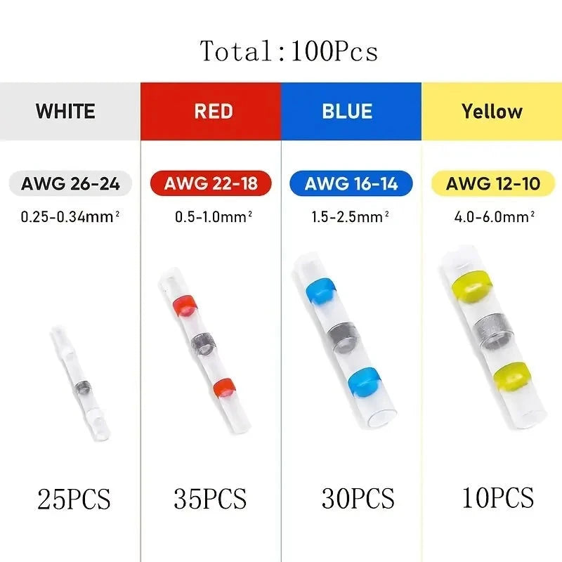 100-Pack Waterproof Solder Seal Butt Connectors - Heat Shrink Terminals