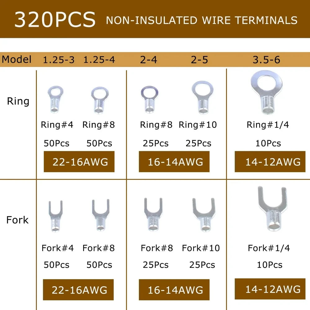 320-Piece Ring & Fork Wire Terminal Connector Kit, Tinned Copper, AWG 22-10