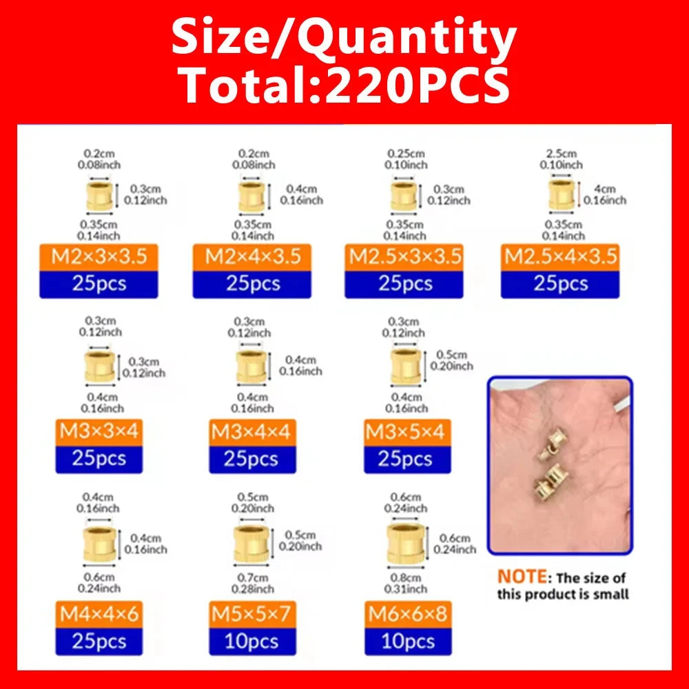 220-Piece Brass Heat-Set Insert Nut Kit, M2-M6, for 3D Printing & DIY