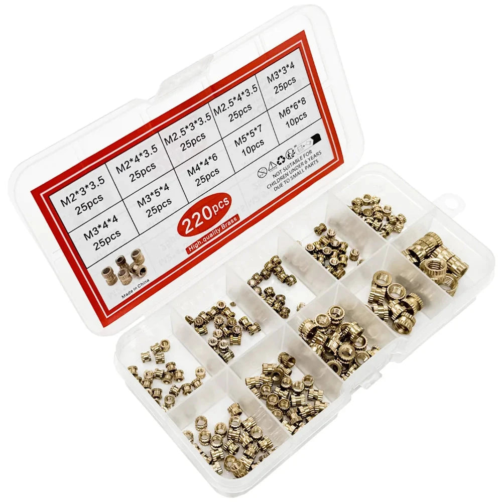 220-Piece Brass Heat-Set Insert Nut Kit, M2-M6, for 3D Printing & DIY