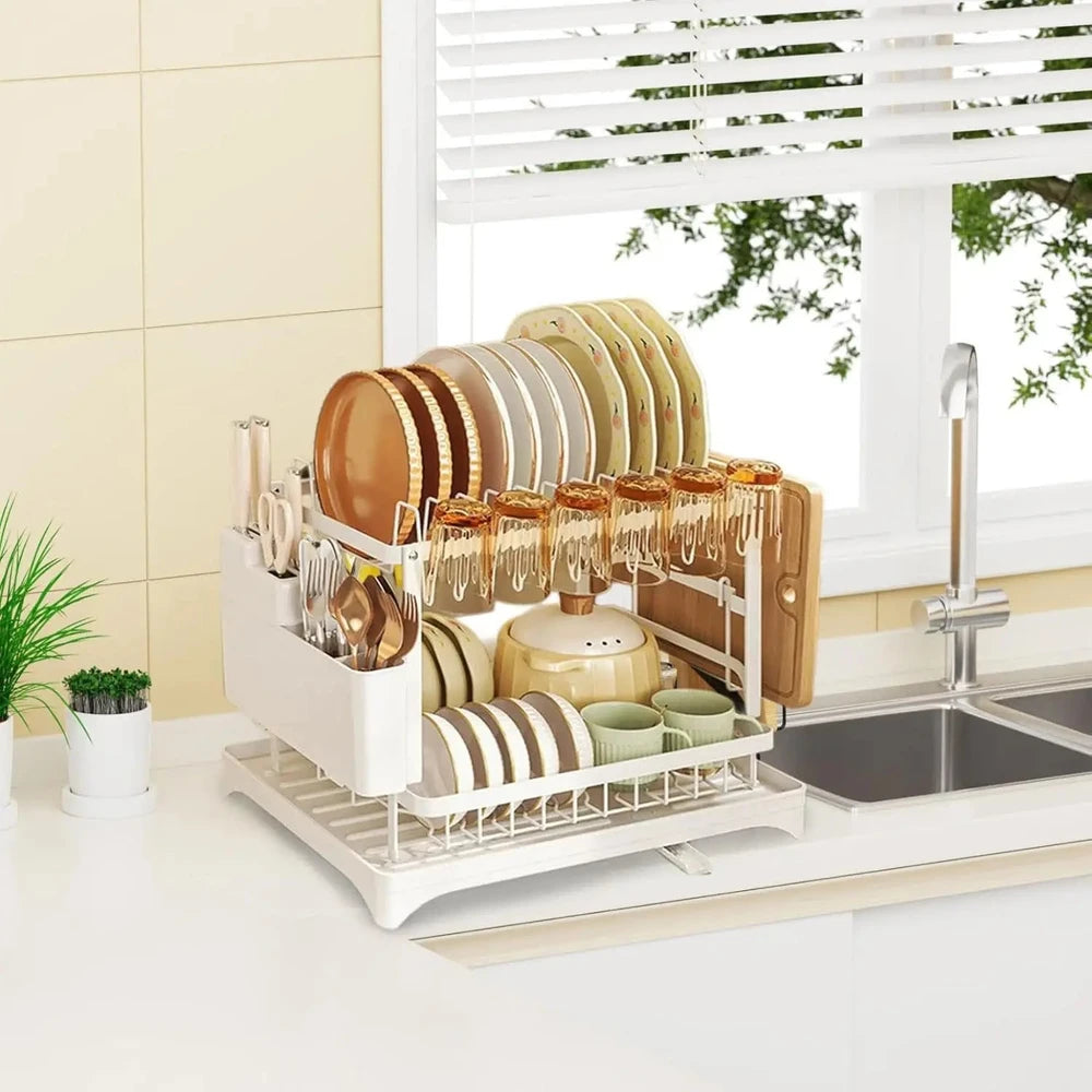 2-Tier Dish Drying Rack - Kitchen Bowl &amp; Utensil Storage Organizer
