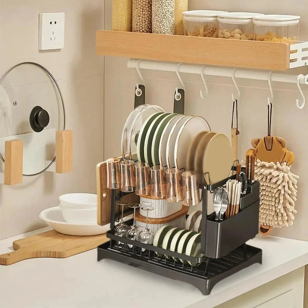 2-Tier Dish Drying Rack - Kitchen Bowl &amp; Utensil Storage Organizer