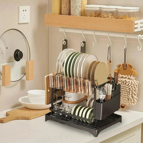 2-Tier Dish Drying Rack - Kitchen Bowl &amp; Utensil Storage Organizer