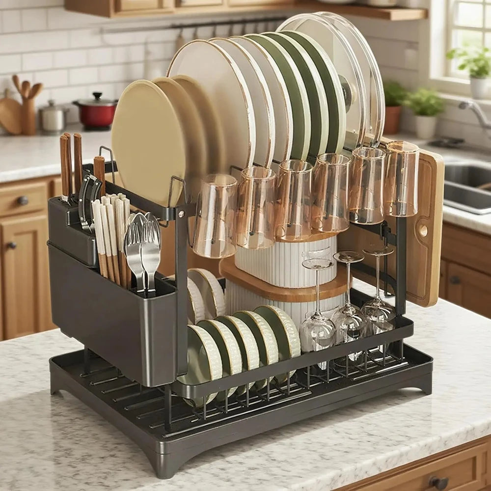 2-Tier Dish Drying Rack with Built-In Cutlery and Cup Holder