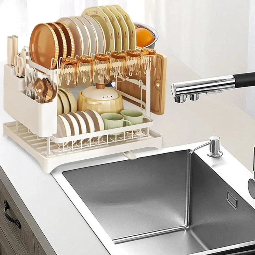 2-Tier Dish Drying Rack with Built-In Cutlery and Cup Holder