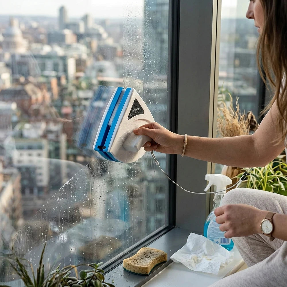Dual-Sided Magnetic Window Cleaner with Safety Rope