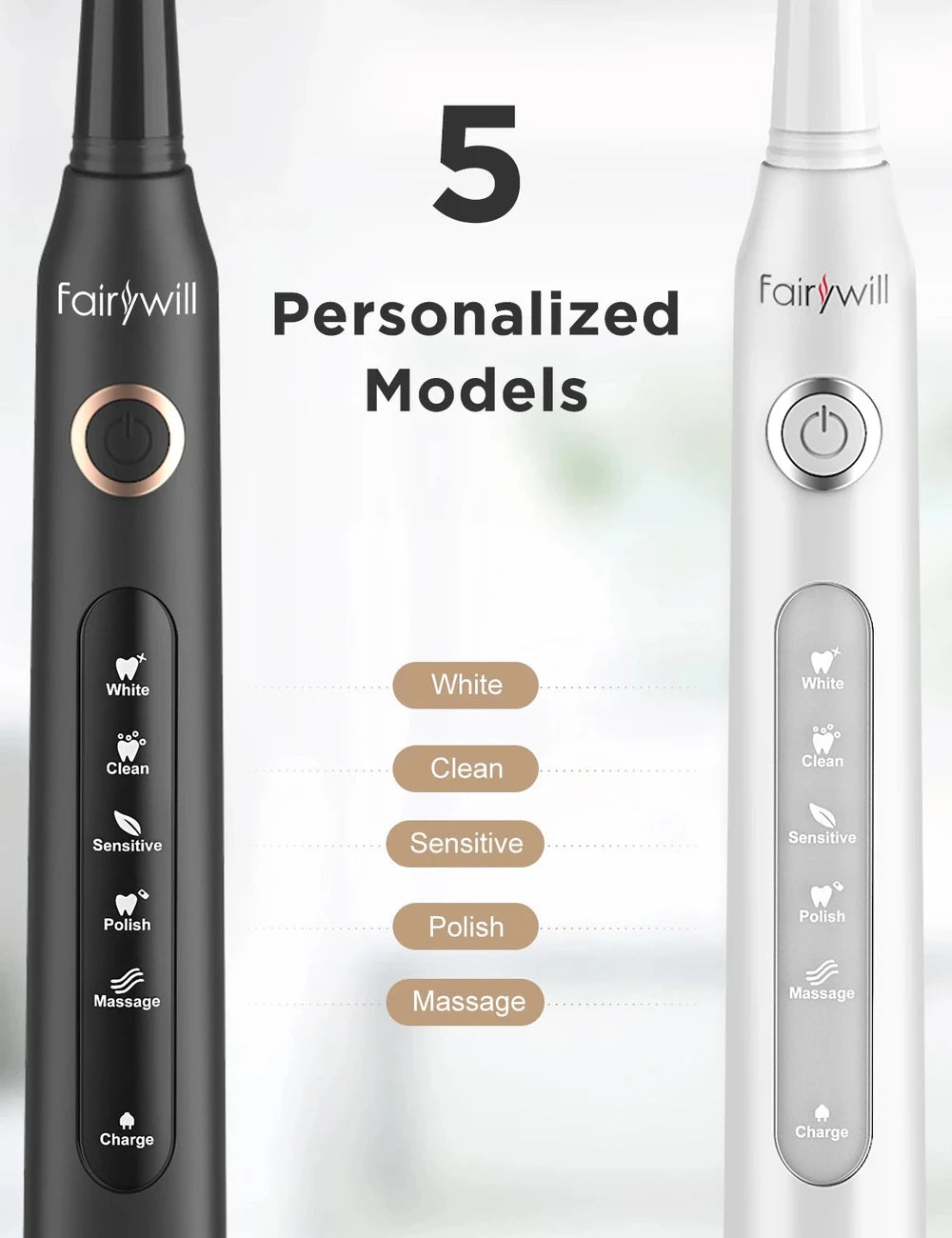Fairywill Sonic Electric Toothbrush Set - USB Rechargeable, 5 Modes
