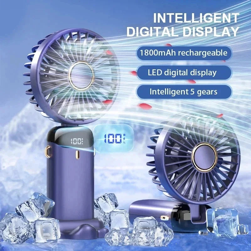 Foldable Neck & Handheld Fan with LED Display, 5-Speed USB