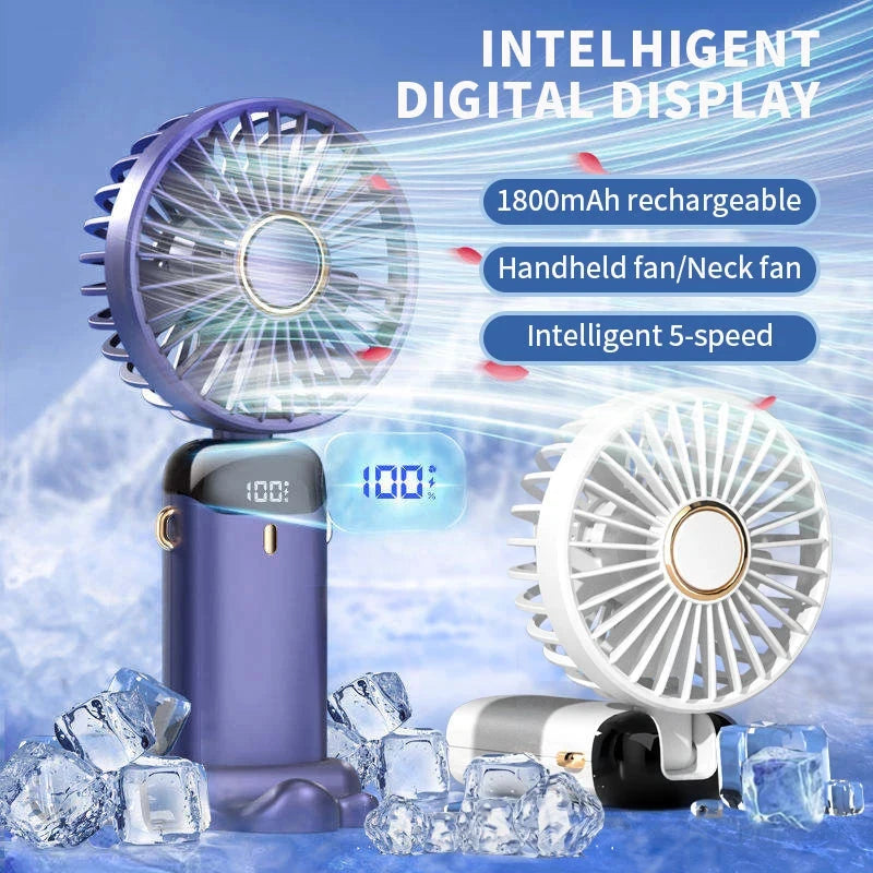 Handheld & Neck Fan - 5-Speed, Phone Stand, 1800mAh Battery