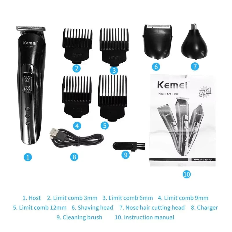 Kemei 3-in-1 Electric Hair Clipper & Nose Trimmer, USB Charging