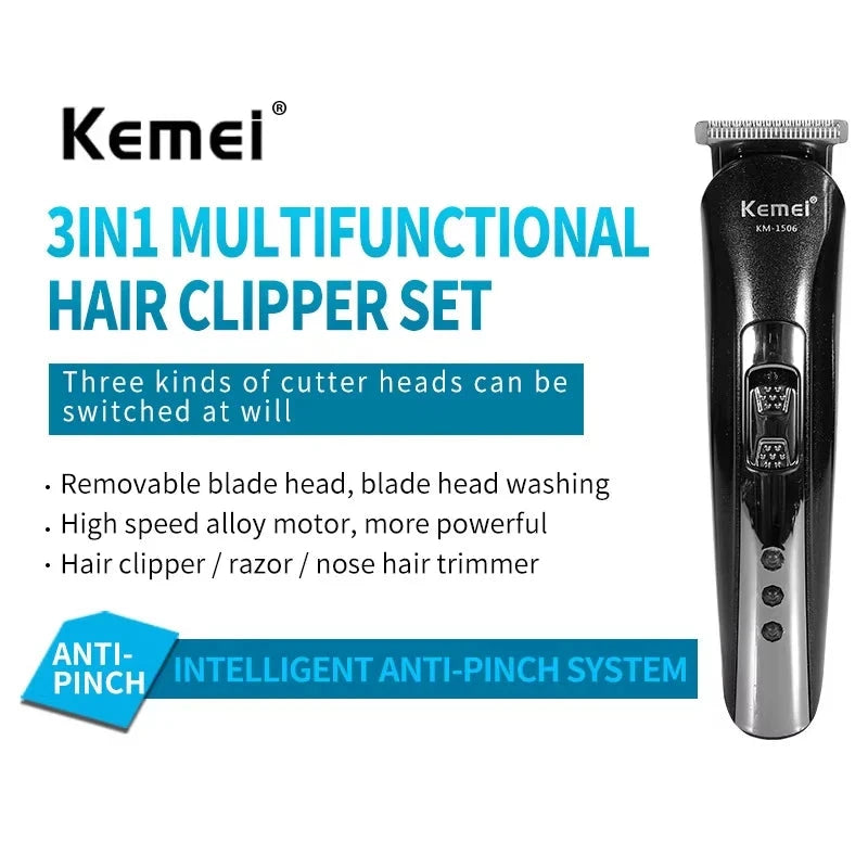Kemei 3-in-1 Electric Hair Clipper & Nose Trimmer, USB Charging