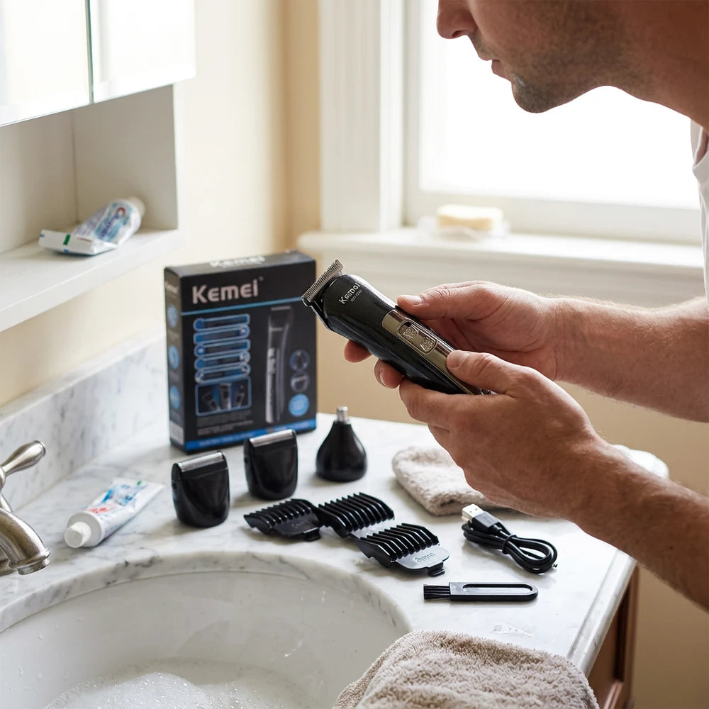 Kemei 3-in-1 Electric Hair Clipper & Nose Trimmer, USB Charging