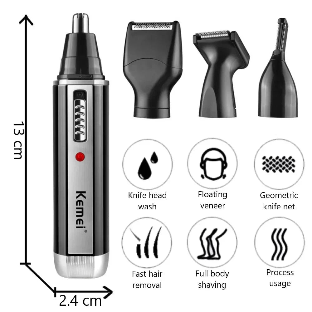 Kemei 4-in-1 Grooming Trimmer - Rechargeable Nose, Ear &amp; Beard Set
