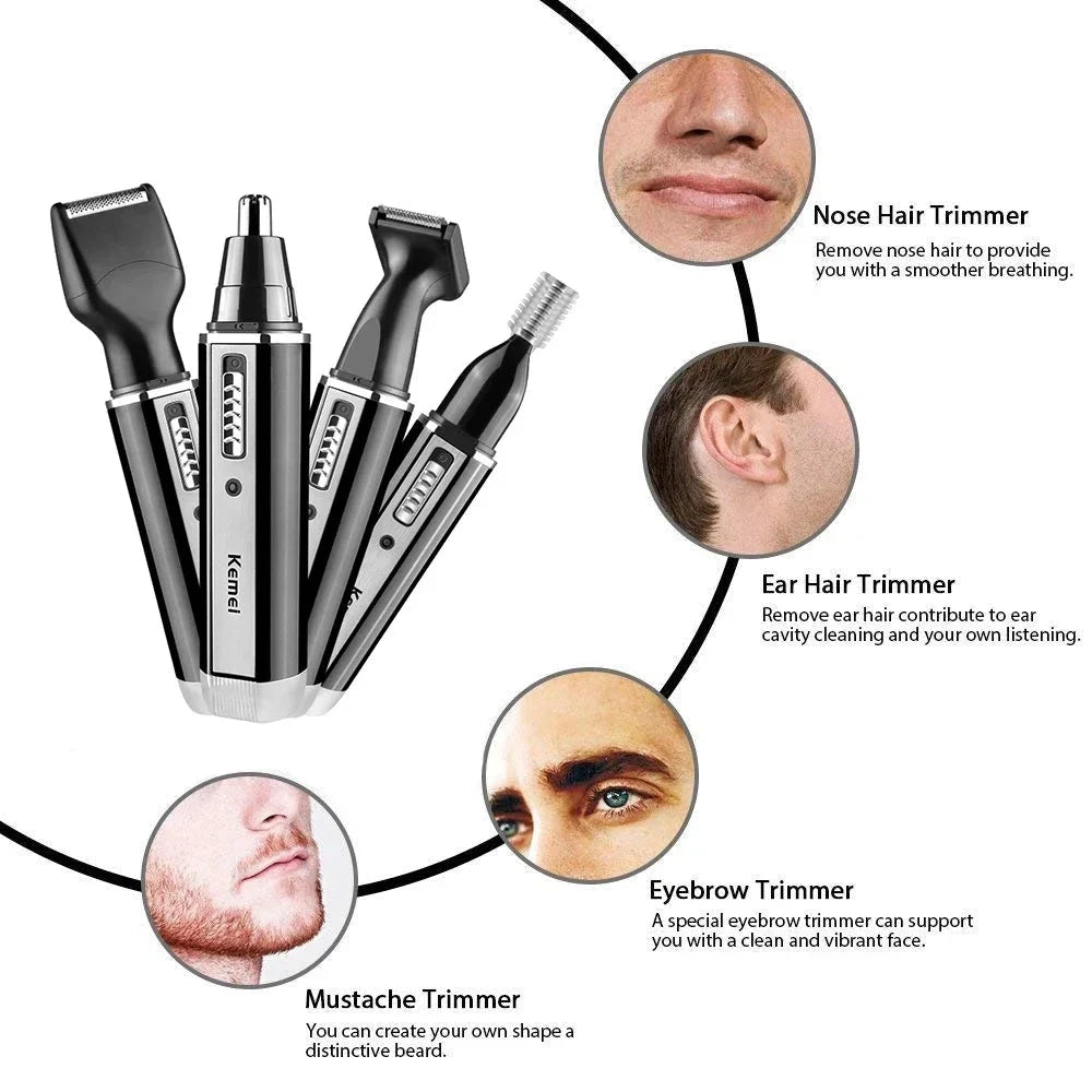 Kemei 4-in-1 Grooming Trimmer - Rechargeable Nose, Ear &amp; Beard Set