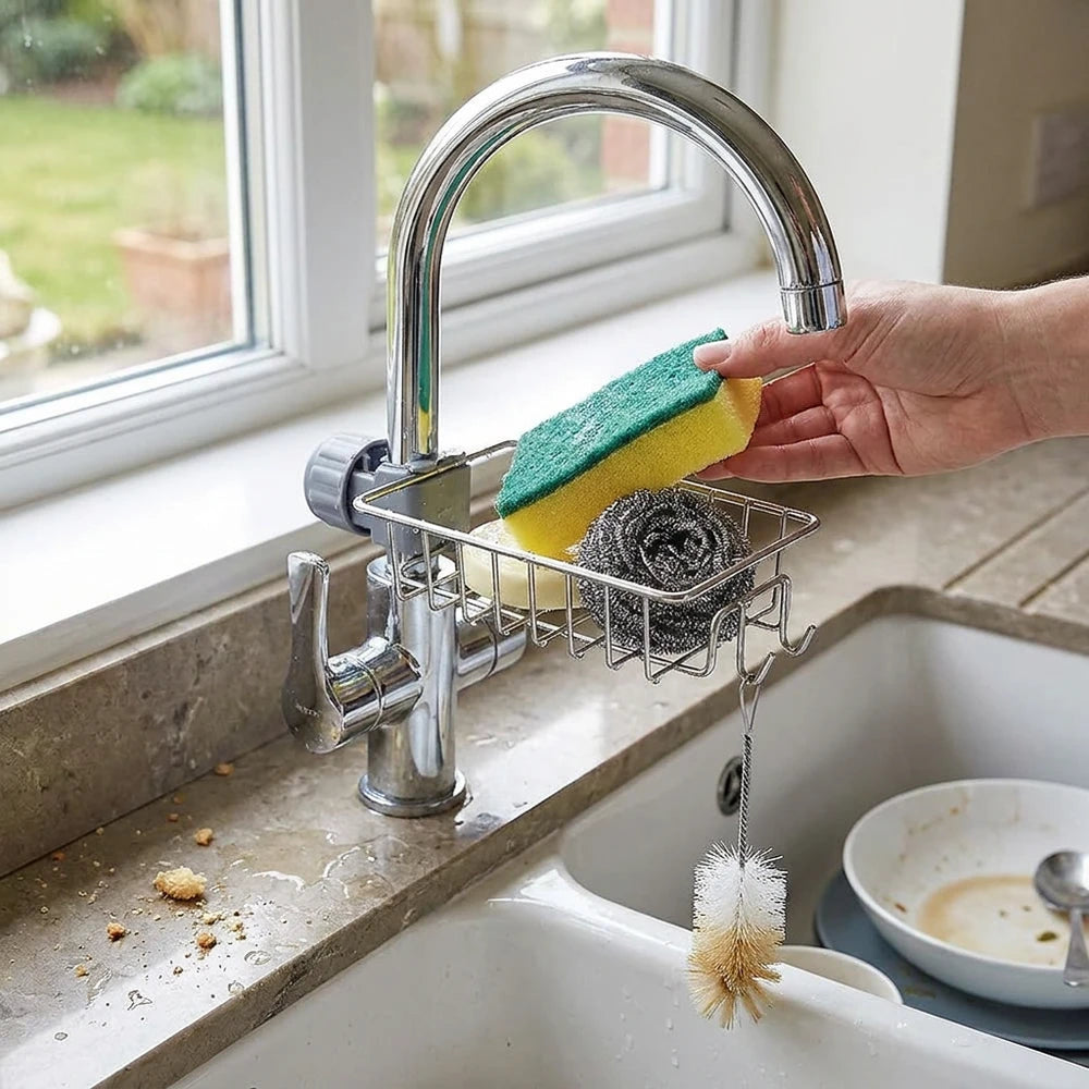 Kitchen Sink Faucet Sponge & Soap Holder Rack – Drain Organizer