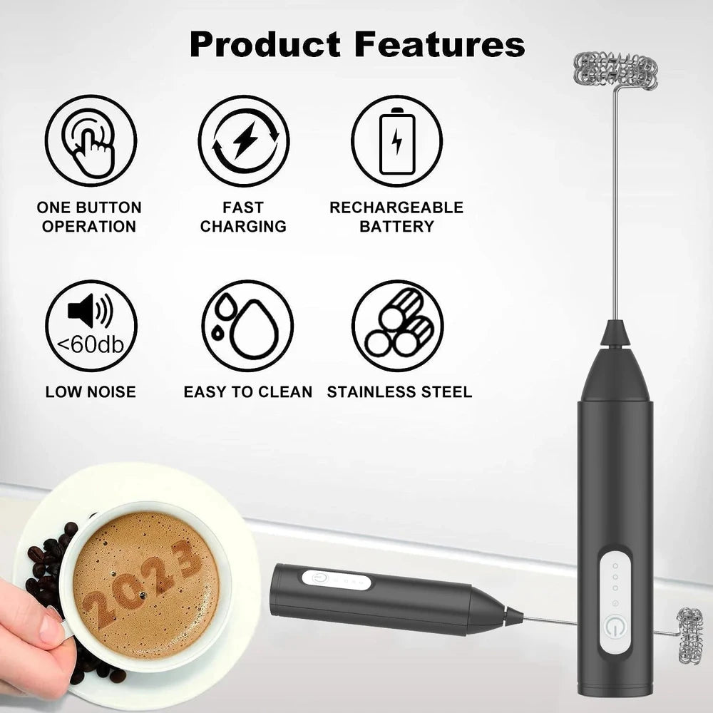 Mini USB Rechargeable Milk Frother, 3-Speed Handheld Mixer