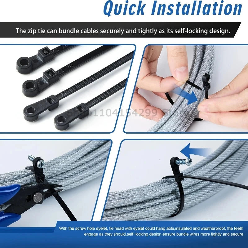 Mountable Nylon Cable Ties with Screw Hole – Self-Locking Wire Organizers