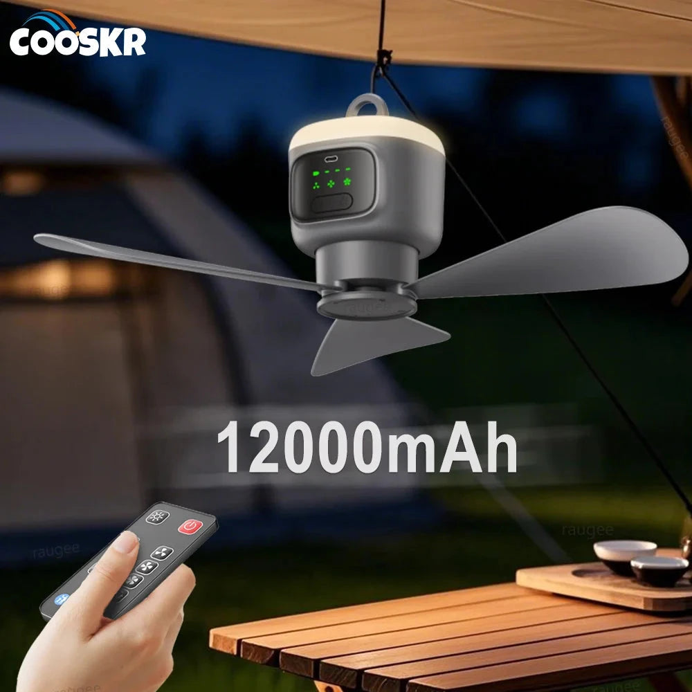 Portable Rechargeable Ceiling Fan with Remote & LED Light for Camping