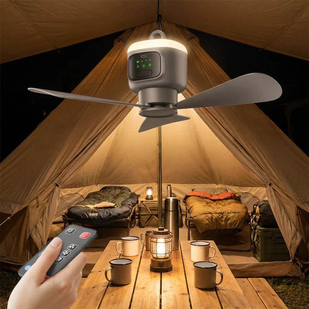Portable Rechargeable Ceiling Fan with Remote & LED Light for Camping