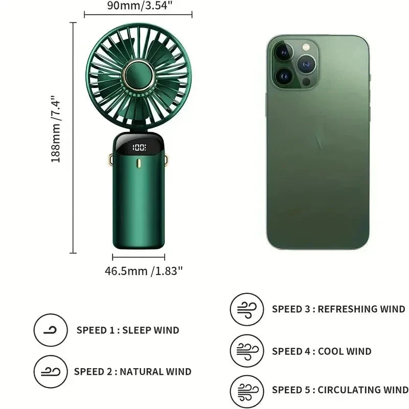 Portable Rechargeable Personal Fan - 5 Speed, 90° Adjustable