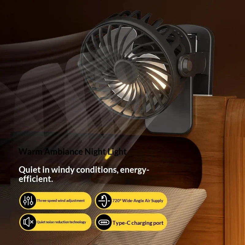 Rechargeable Clip Fan with Night Light - 720° Rotation, USB Powered