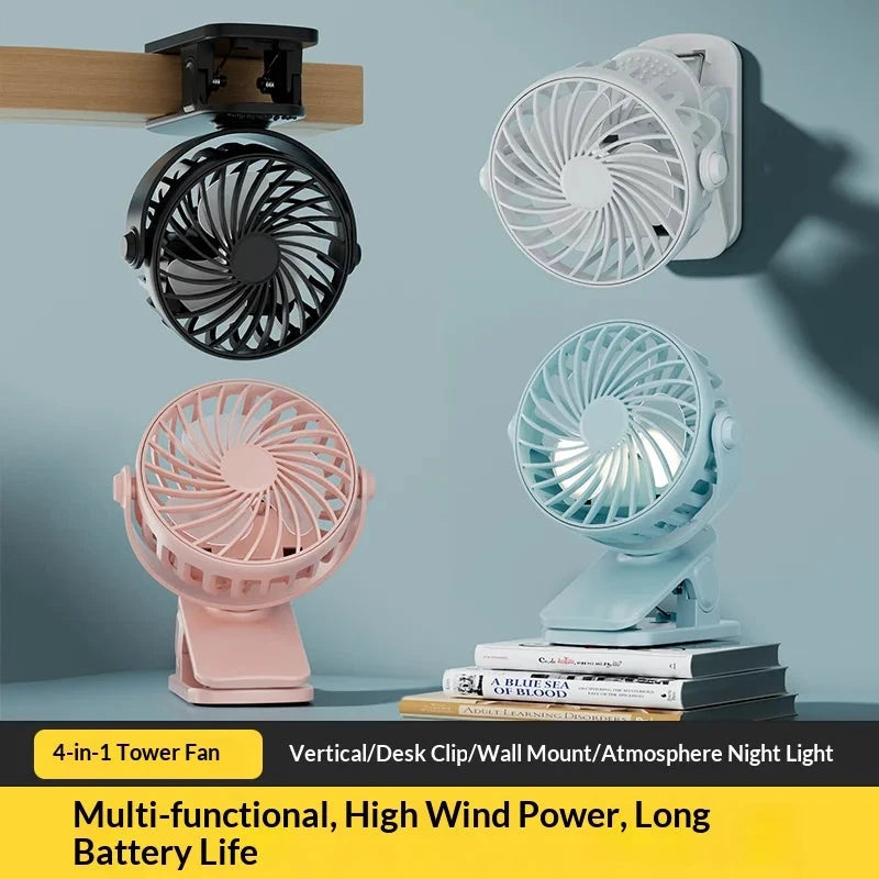 Rechargeable Clip Fan with Night Light - 720° Rotation, USB Powered