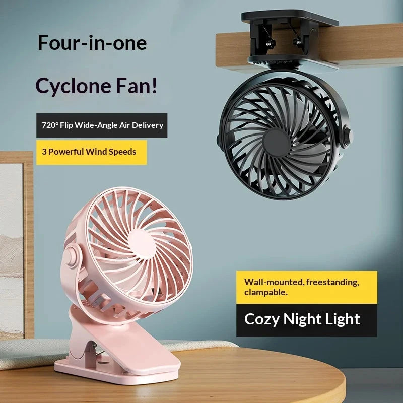Rechargeable Clip Fan with Night Light - 720° Rotation, USB Powered