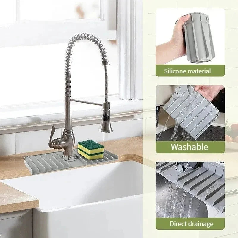 Silicone Faucet Mat - Sink Splash Guard & Sponge Holder, Foldable