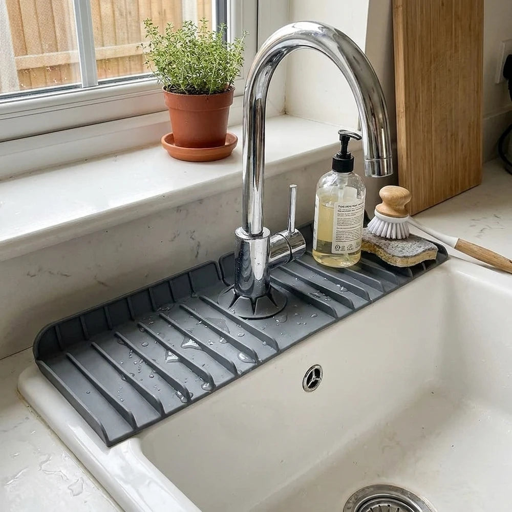 Silicone Faucet Mat - Sink Splash Guard & Sponge Holder, Foldable