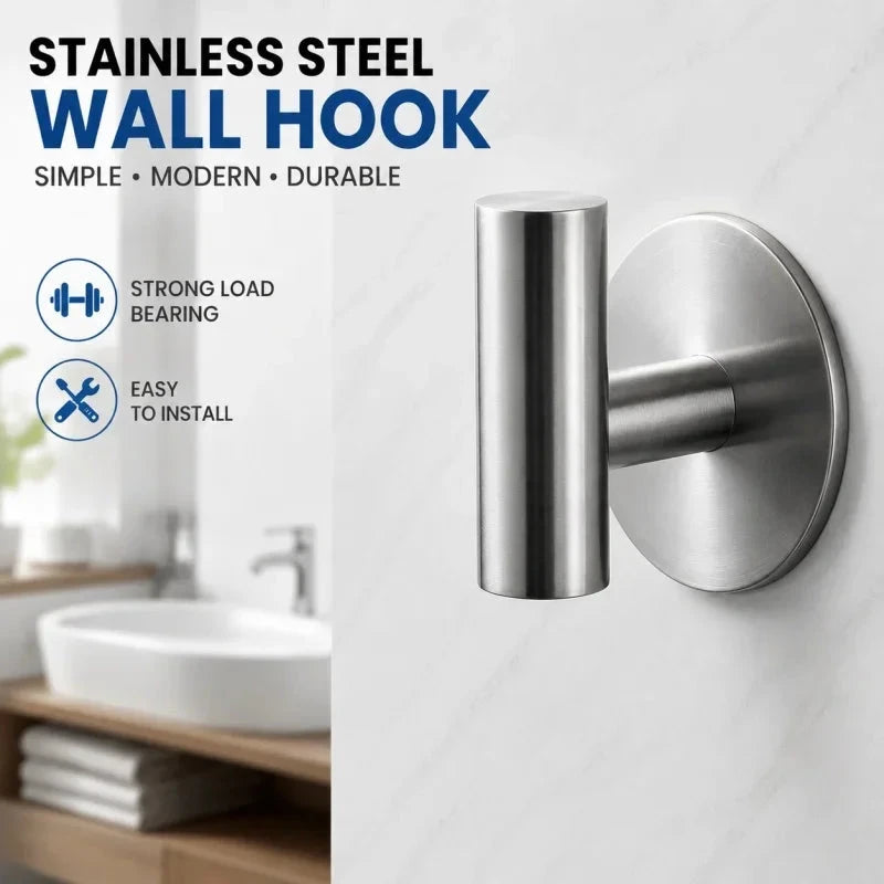 Stainless Steel Adhesive Wall Hook - Heavy-Duty, No-Drill Install