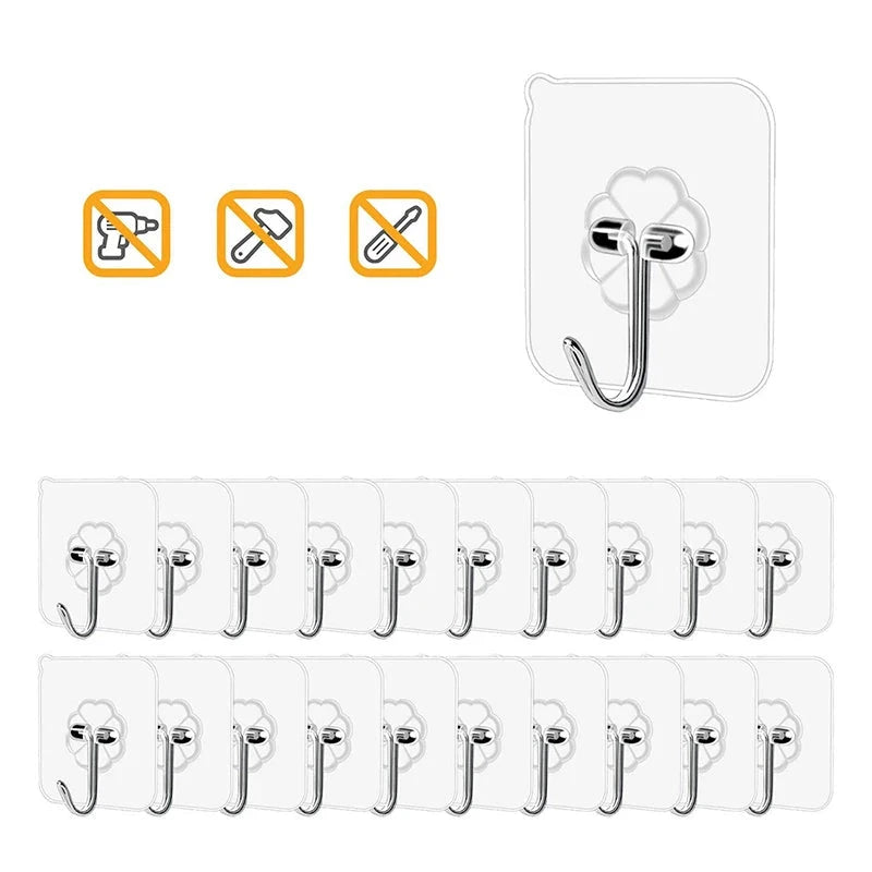 Strong Adhesive Wall Hooks - Transparent, Heavy-Duty, No Drilling