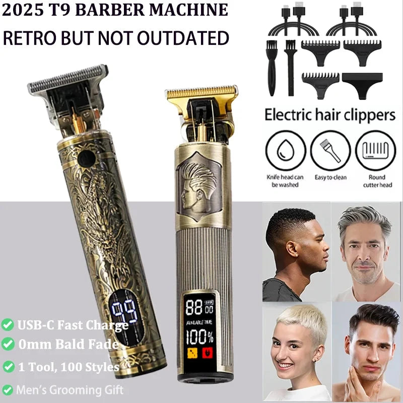 T9 Professional Hair Trimmer - 0mm Bald Fade Clipper, USB Rechargeable