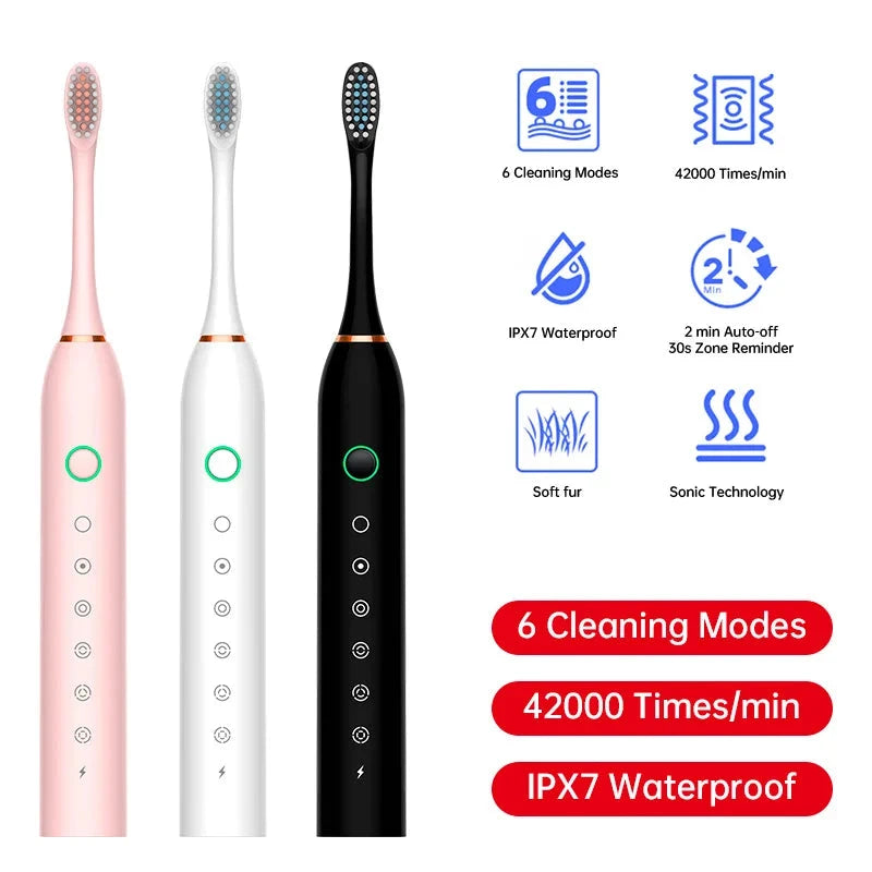Ultrasonic Electric Toothbrush - 6 Modes, Waterproof, USB Rechargeable