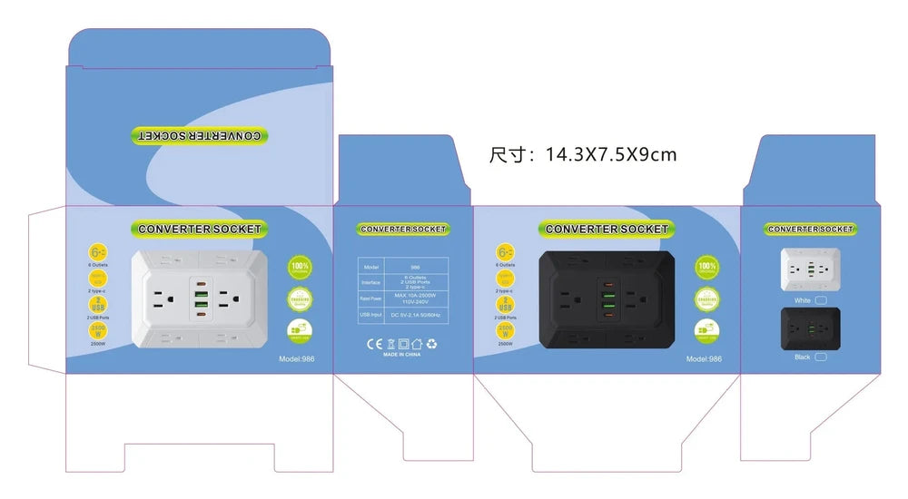 US Wall Socket with 6 AC Outlets &amp; 4 USB Ports (2 USB-C)