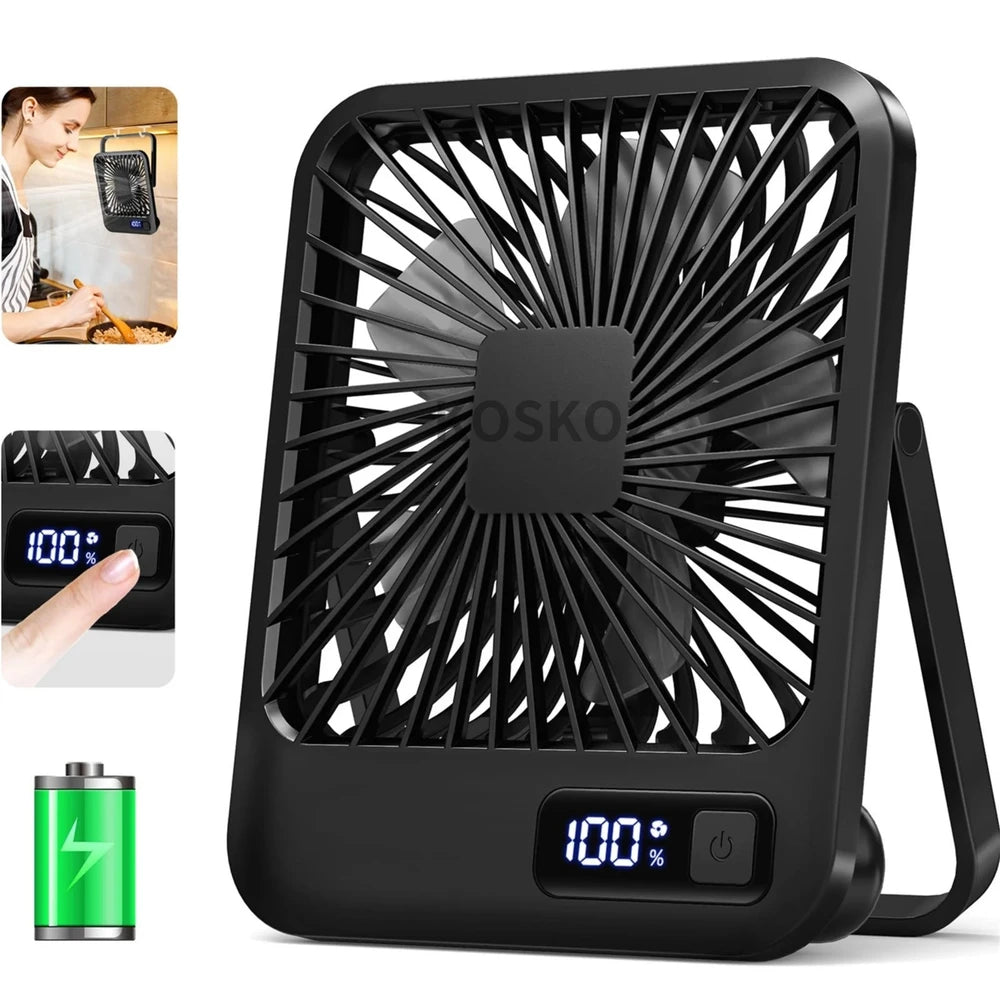 USB Rechargeable Desk Fan with 180° Tilt, 5 Speeds & Battery Display