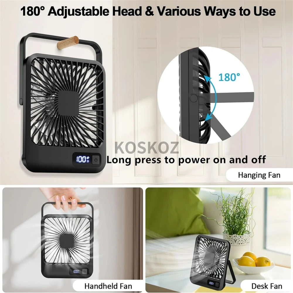 USB Rechargeable Desk Fan with 180° Tilt, 5 Speeds & Battery Display