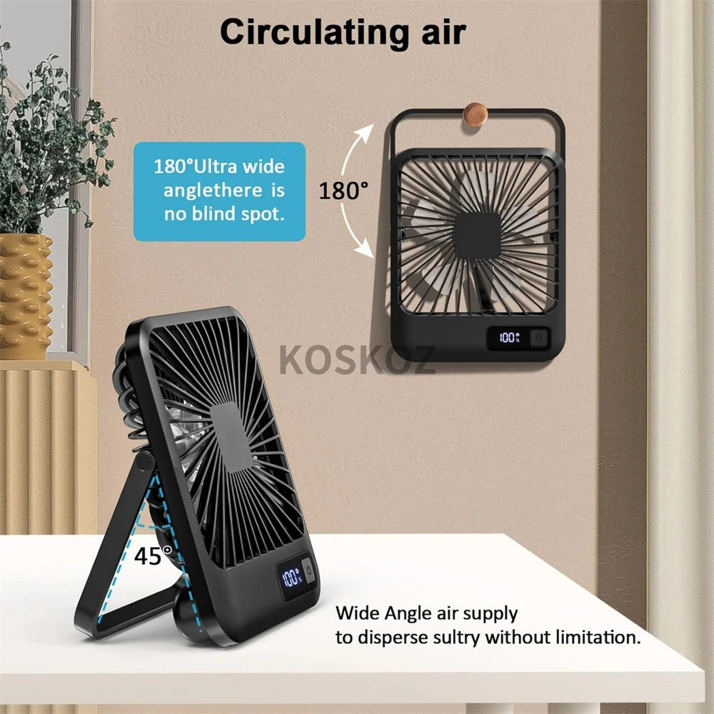 USB Rechargeable Desk Fan with 180° Tilt, 5 Speeds & Battery Display
