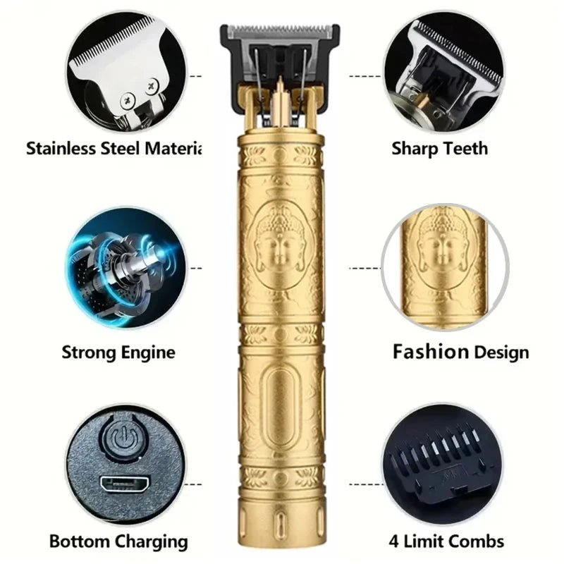 Vintage Cordless Hair Clipper - USB Rechargeable Barber Trimmer for Men